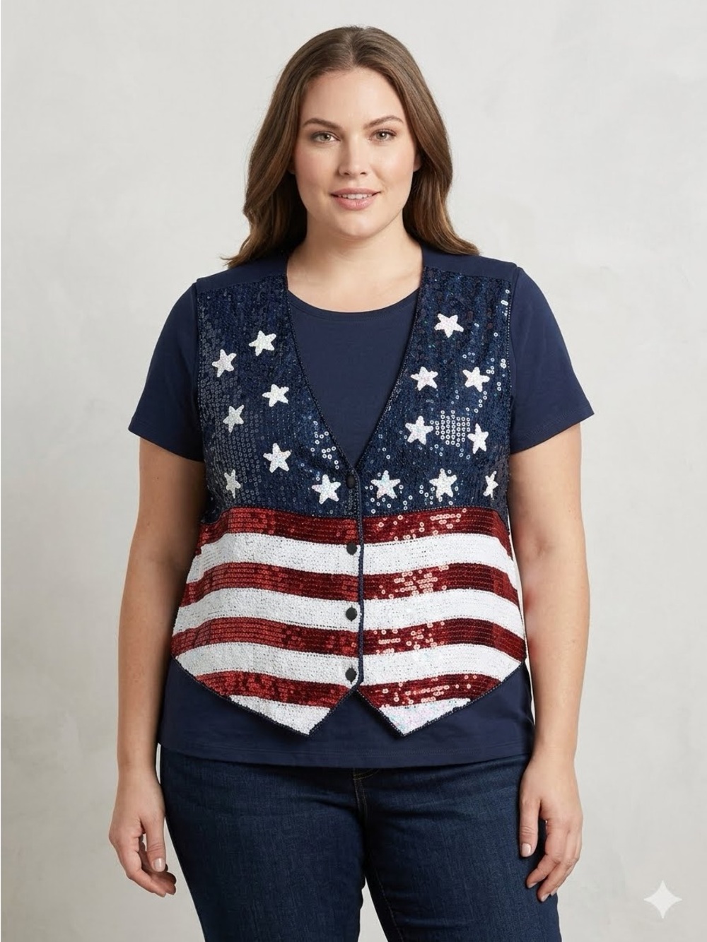 Quacker Factory Womens 1X Patriotic Sequin Vest Red White Blue USA Stars Stripes